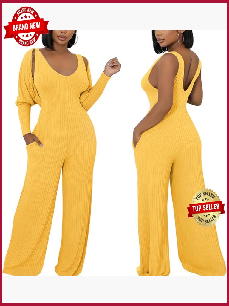 Ribbed Knit 2 Piece Outfit Cardigan & Wide Leg Jumpsuit Set
